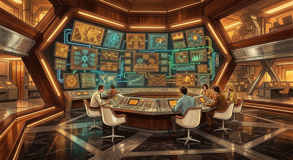 An editorial-style illustration of a 1970s retro-futuristic operations room with a hexagonal layout. In the center, a series of sleek, minimalist white swivel chairs face a wall of glowing screens displaying abstract, interconnected data visualizations and geometric maps. Luminescent lines of light flow between the monitors like a digital nervous system, representing complex organizational feedback loops. The environment combines warm wood paneling with polished metallic surfaces and soft, atmospheric lighting, evoking a sense of visionary control and systemic order. The perspective is cinematic and wide, focusing on the interface between human-scale design and high-level systemic data.