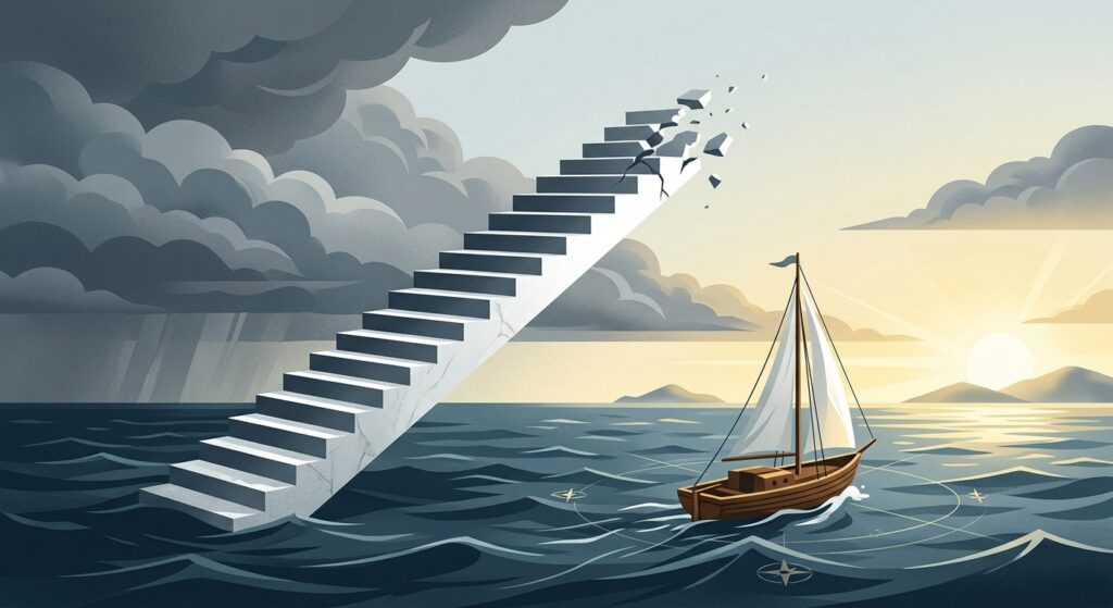 A conceptual editorial illustration depicting the transition from a linear career path to a world of navigation. A sleek, corporate staircase made of polished white stone rises out of a deep, turbulent ocean. The staircase is perfectly linear and rigid, but its top steps are fractured and lead into an empty, vast sky. On the surface of the water below, a lone, sturdy wooden boat sails through the shifting waves. The lighting is dramatic, with a storm clearing to reveal a bright, open horizon. The style is clean, modern, and symbolic, representing the transition from predictable structures to a life of navigation and agency.