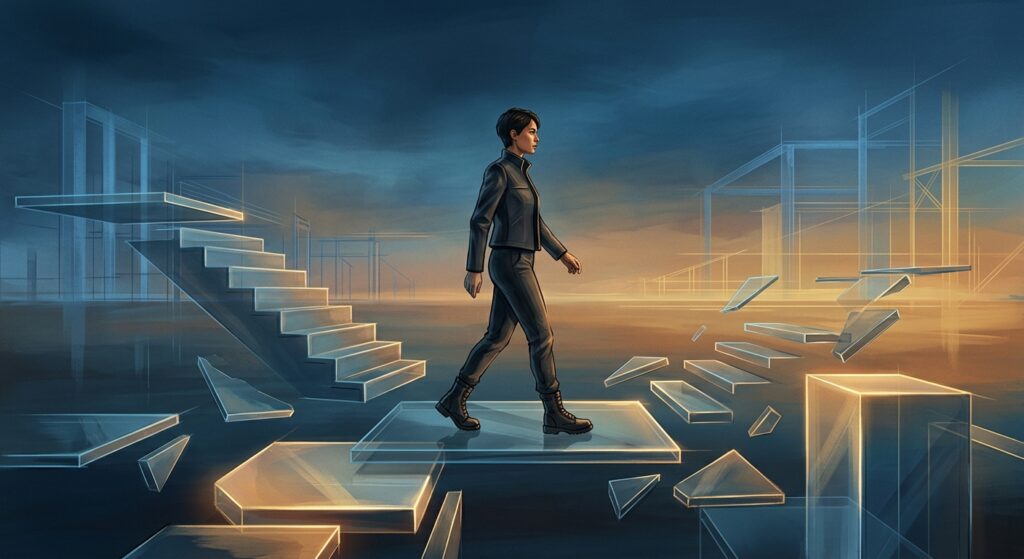 A high-end editorial illustration depicting a solitary, determined figure navigating a landscape of shifting, non-linear architecture. The person walks across a series of floating, translucent geometric platforms and fragments of a staircase that are actively rearranging themselves in mid-air over a vast, dynamic horizon of deep blues and glowing ambers. The scene captures a sense of purposeful movement through an unstable, changing environment. In the background, faint, ethereal architectural outlines suggest the collaborative construction of the path ahead. The style is minimalist and sophisticated, with sharp focus and cinematic lighting, emphasizing themes of individual agency, adaptivity, and navigating complexity.