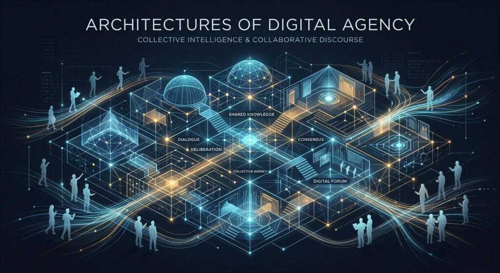A high-quality editorial illustration representing "Architectures of Digital Agency" and collective intelligence. The image features an intricate, translucent network of glowing geometric lines and nodes forming a complex, organized structure that suggests a blueprint for a digital forum or a democratic assembly. Faint, ethereal silhouettes of diverse individuals are positioned around the periphery, their movements subtly influencing the flow of light within the structure. The color palette consists of deep blues, soft cyans, and warm amber highlights against a dark, minimalist background. The style is clean, intellectual, and modern, blending elements of data visualization with architectural design to evoke a sense of structured, collaborative research and discourse.