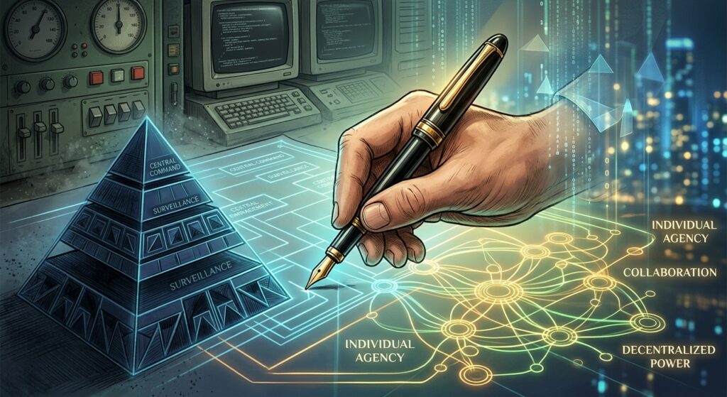 An editorial illustration of a human hand holding a fountain pen, poised over a glowing, translucent blueprint that maps out a complex organization. On one side of the blueprint, the lines form a rigid, oppressive pyramid structure shrouded in shadow, representing centralized control. On the other side, the lines bloom into a luminous, decentralized network of interconnected nodes, representing a "liberty machine" that empowers individual agency. The background is a sophisticated blend of 1970s cybernetic aesthetics—analog dials and soft-glow CRT monitors—merging into modern, ethereal digital data streams. The lighting is cinematic, highlighting the pen as the tool of deliberate design and the choice between freedom and surveillance.